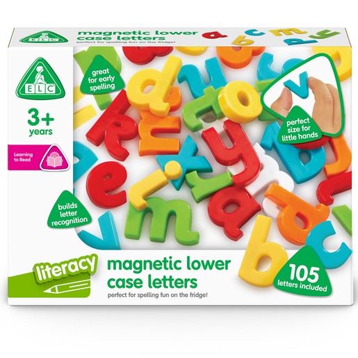 Brightly colored magnetic lower case letters in red, yellow, green, and blue, packaged in a box, ideal for early spelling and letter recognition for children aged 3 and up.