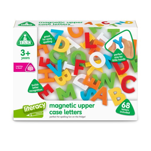 Colorful plastic magnetic upper case letters in red, blue, yellow, green, and orange, packaged in a box, designed for children aged 3+, promoting literacy and spelling skills.