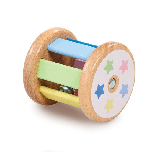 Colorful wooden rattle featuring a cylindrical design with pastel blue, green, and pink bars, and a white end with colorful star patterns, ideal for early learning.