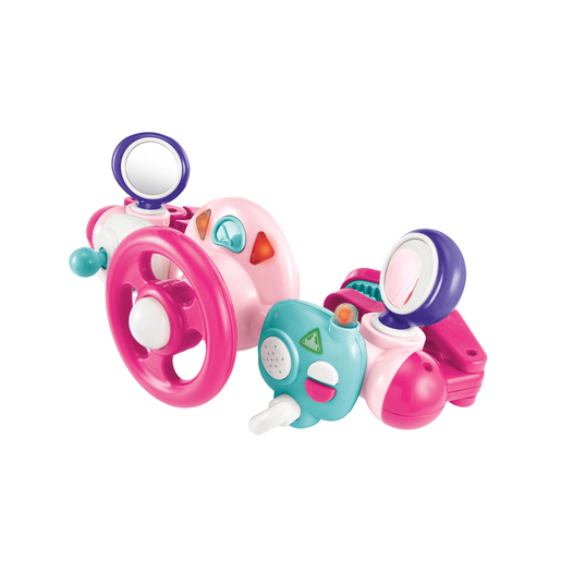 Bright pink and purple toy buggy driver featuring a steering wheel, two mirrors, buttons, and sound features, designed for early learning and imaginative play.