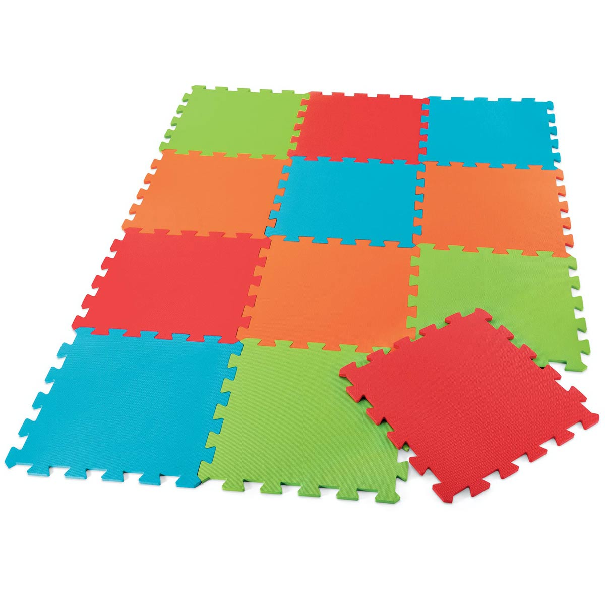 Colorful interlocking foam mats in a 12-pack, featuring vibrant red, blue, green, and orange squares, designed for early learning and recreation activities.