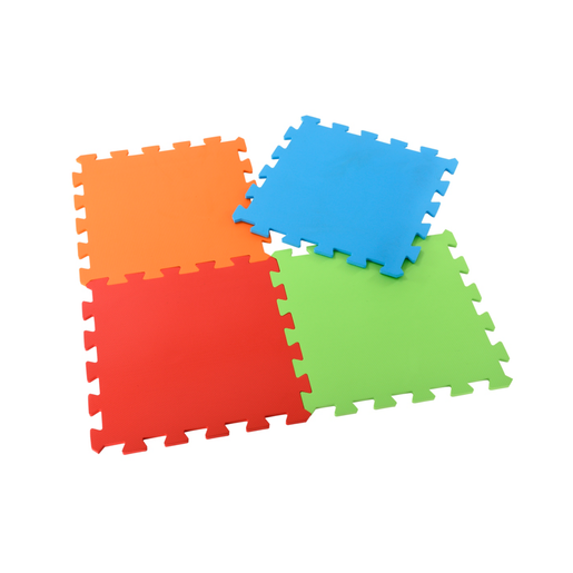 Four interlocking soft mats in vibrant colors: orange, blue, red, and green, designed for early learning play and recreation, featuring a textured surface and rounded edges.