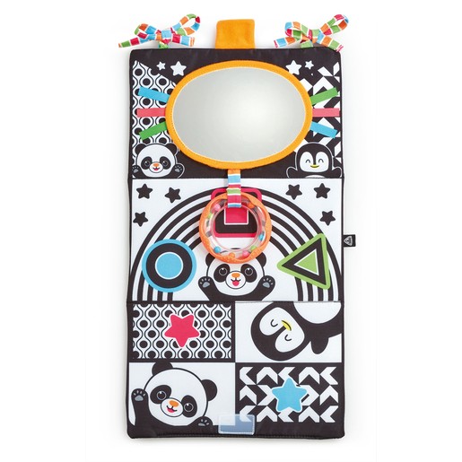 Colorful sensory travel toy featuring a central mirror, black and white panda designs, and various shapes in bright colors, with fabric loops for attachment.