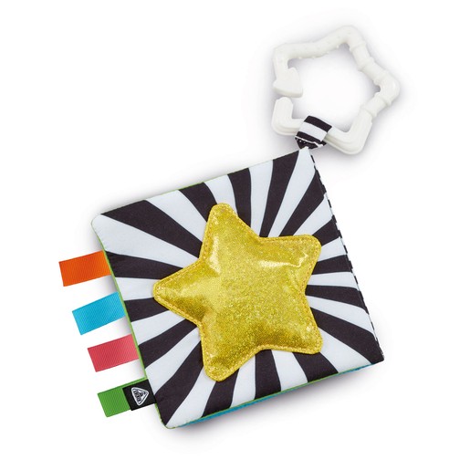 Black and white sensory book with a shiny gold star, featuring colorful tags in red, blue, and green, and a star-shaped teether attachment for interactive play.