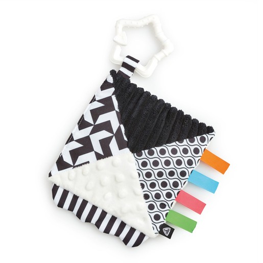 Black and white sensory square baby toy featuring various textures, patterns, and colorful tags, with a star-shaped teether attachment for interactive play.