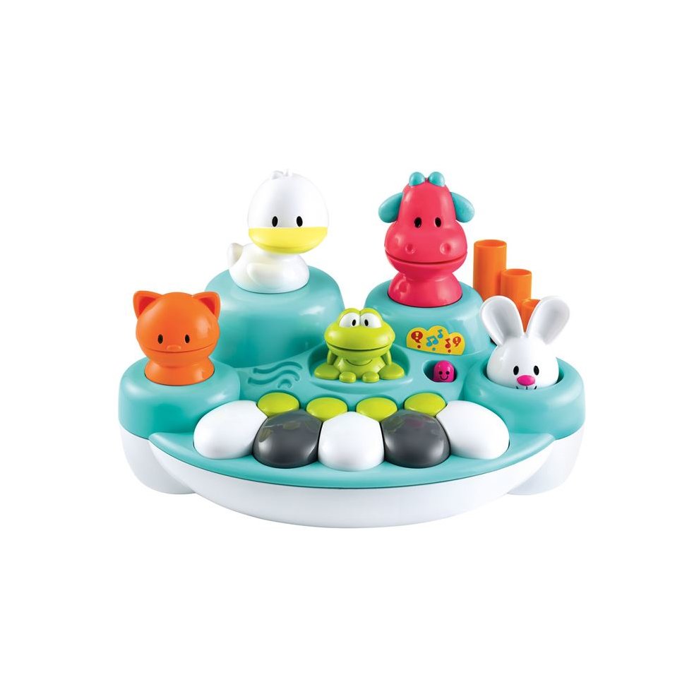 Colorful 19cm animal keyboard toy with four animal figures (duck, cow, frog, rabbit) and black and white keys, designed for children aged 6-24 months, promoting musical learning.