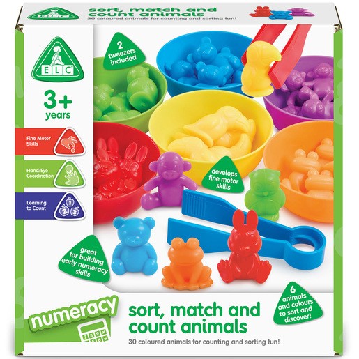Colorful plastic animal figures in various shapes, along with tweezers and sorting bowls, designed for counting and fine motor skill development, suitable for children aged 3 and up.