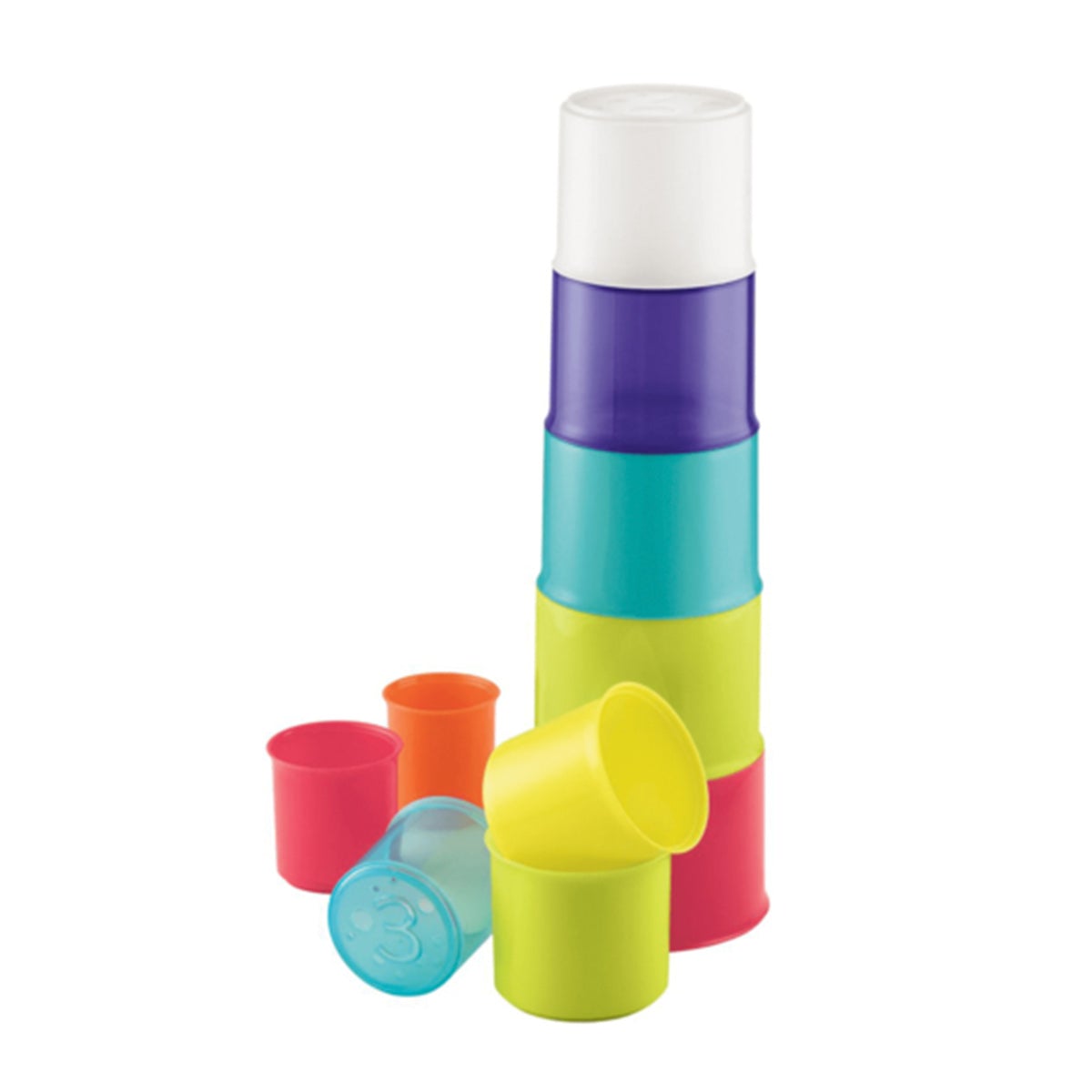 Colorful stacking cups in various sizes, featuring vibrant hues of purple, blue, green, yellow, red, and white, made from durable plastic, designed for early learning play.