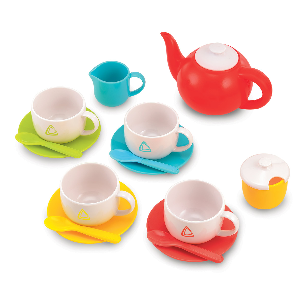 Brightly colored plastic tea set featuring a red teapot, white cups with green and blue saucers, a blue milk jug, and a yellow sugar bowl, complete with matching spoons.