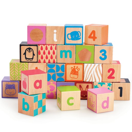Colorful wooden alphabet blocks featuring letters, numbers, and animal illustrations, arranged in a playful stack with vibrant patterns and a natural wood finish.