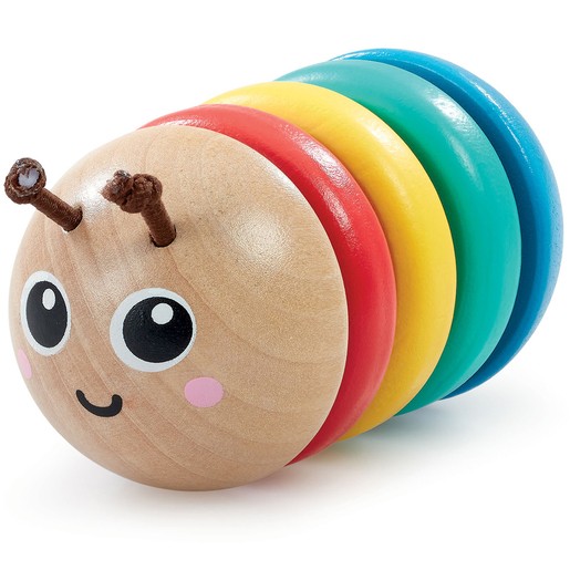 Wooden caterpillar rattle featuring a smiling face, colorful segments in red, yellow, green, and blue, with brown antennae, designed for early learning and sensory play.