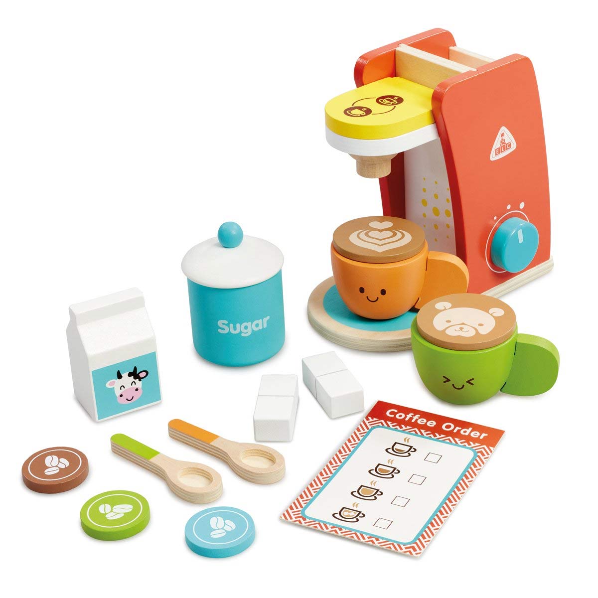 Colorful wooden coffee pod machine in red and yellow, with two cups, a sugar container, milk carton, coffee tokens, and a coffee order card, promoting imaginative play.
