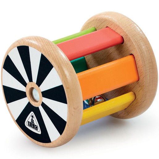 Colorful wooden rattle featuring a black and white striped end, with orange, green, and yellow bars, and a central bell for sound, designed for early learning play.