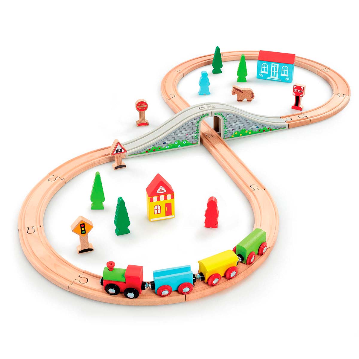 Wooden train set featuring colorful carriages, a bridge, trees, buildings, and various accessories, arranged in a figure-eight track layout.