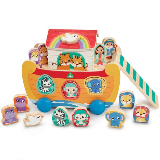 Colorful wooden Noah's Ark shape sorter featuring a vibrant ark with animal figures, a rainbow, and a removable roof, designed for early learning and play.