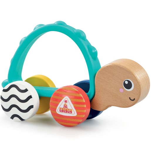 Wooden push-along turtle toy featuring a smiling turtle head, colorful circular wheels in blue, yellow, and white, with a turquoise handle and textured grip.