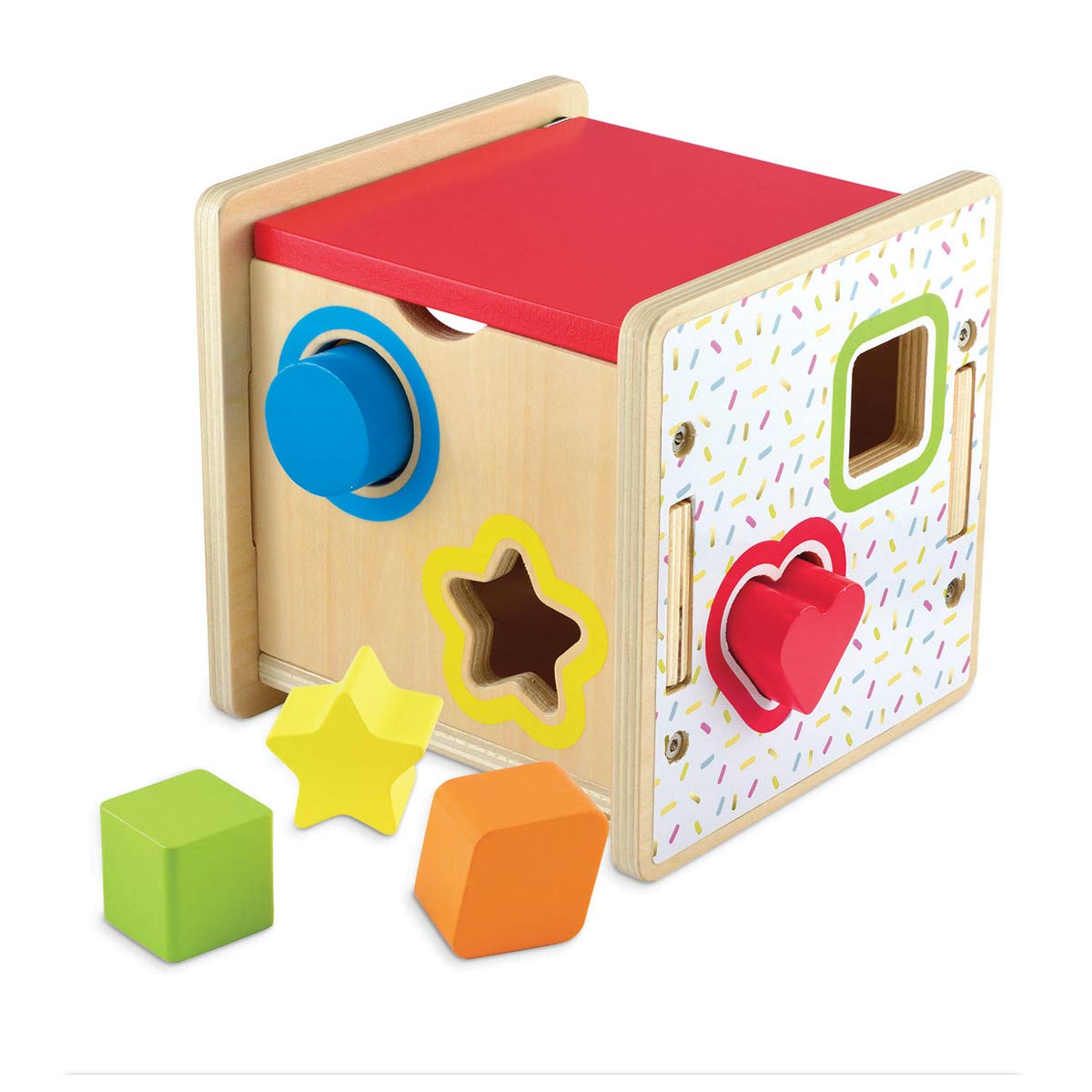 Wooden shape sorter with a red top, featuring colorful shapes (blue circle, yellow star, green square, orange hexagon) and a speckled design on the sides for early learning.