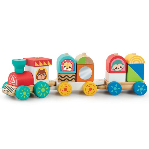 Brightly colored wooden stacking train featuring a red engine with a bear face, two colorful carriages with animal designs, and various shaped blocks in vibrant hues.