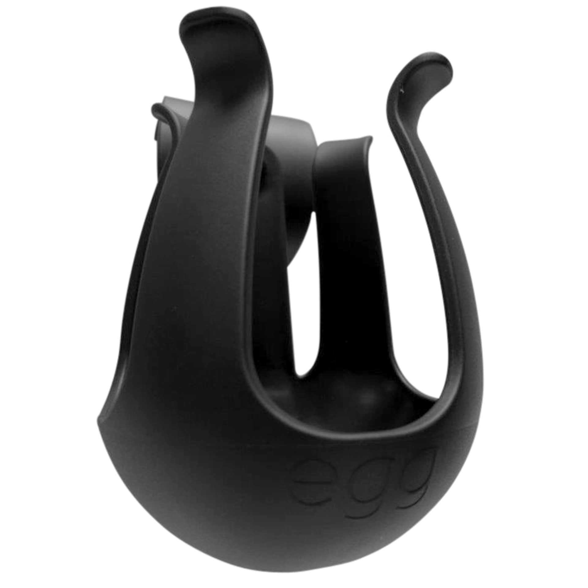 Black silicone egg bottle holder with a sleek, modern design featuring curved arms for secure grip and a rounded base for stability.