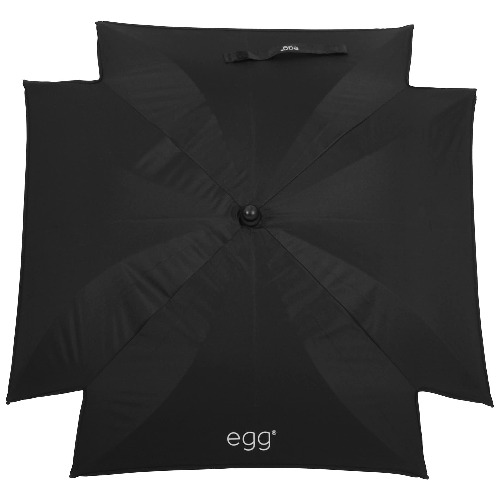 Black parasol with a square canopy, featuring a smooth fabric surface and a central button, branded with the "egg" logo at the bottom.