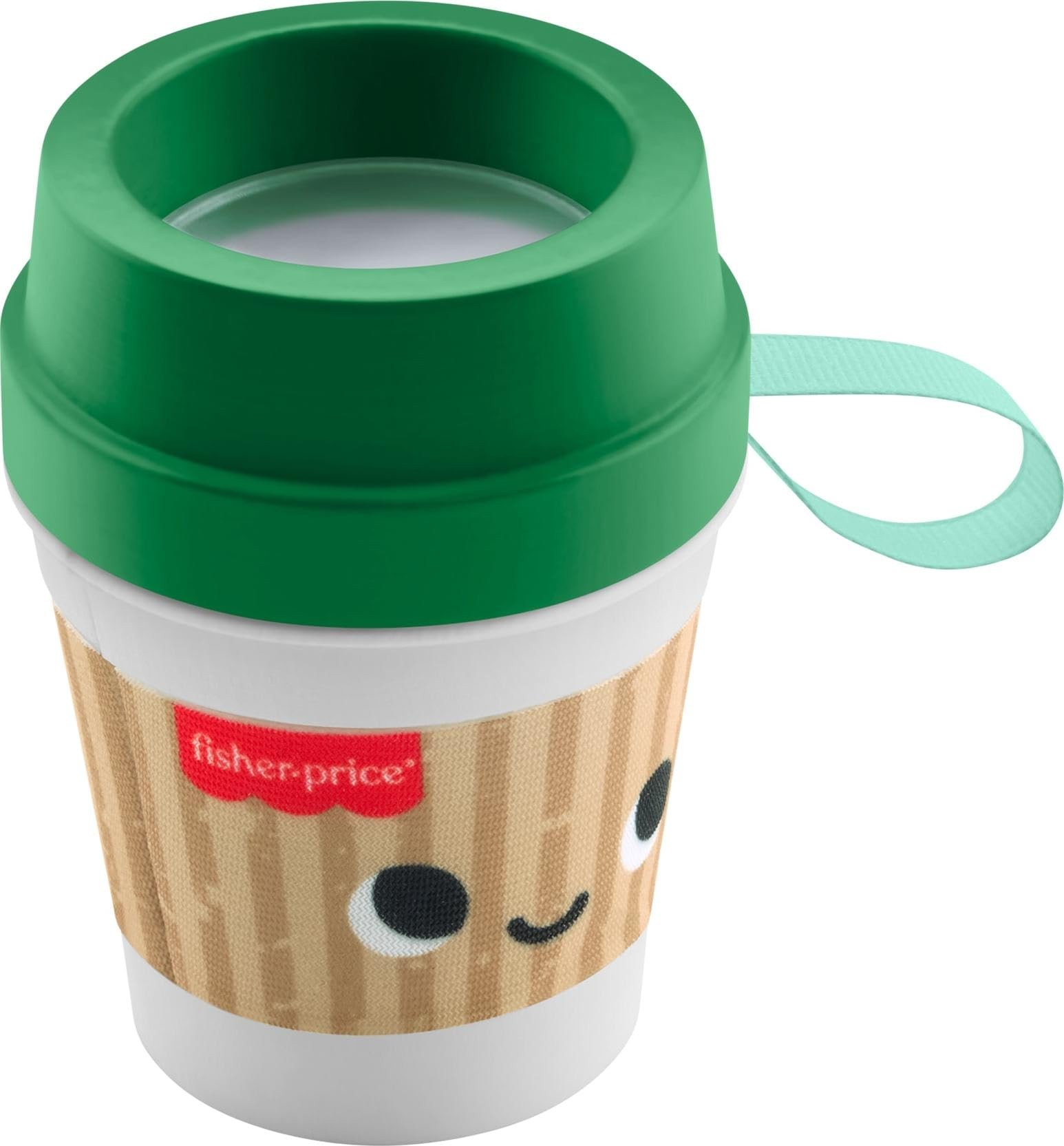 Colorful teether shaped like a coffee cup, featuring a green lid, a smiling face, and a textured beige sleeve with a wood-like pattern, made of soft, safe materials for infants.