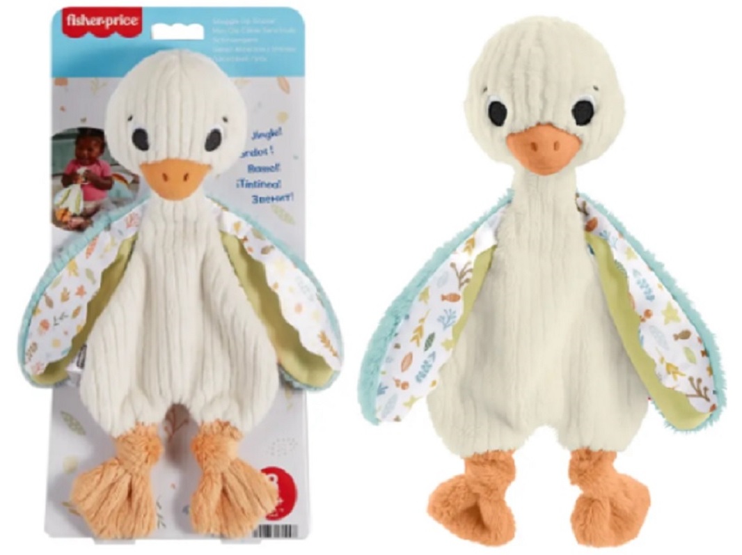 Soft plush goose toy with a cream body, orange beak and feet, and patterned wings in pastel colors, perfect for snuggling and comforting infants.