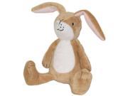 Soft beige hare rattle toy with long pink-lined ears, a white belly, and a friendly embroidered face, made from plush material, perfect for infants.