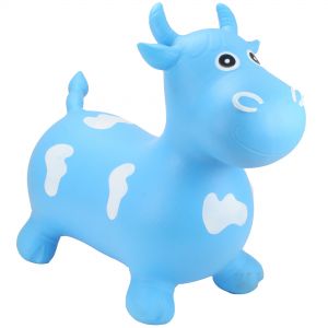 Blue inflatable bouncy toy shaped like a cow, featuring white cloud patterns, large eyes, and small horns, designed for kids to ride on and bounce.