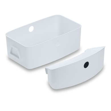 White plastic storage box set, featuring two containers with rounded edges, practical handles, and circular cutouts for easy access, designed for highchair organization.