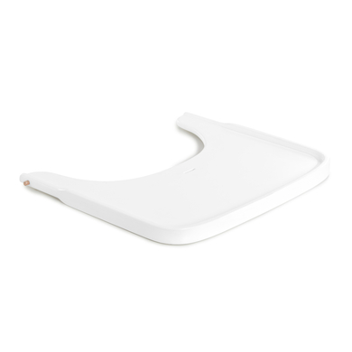 White wooden tray designed for the Hauck Alpha+ high chair, featuring a smooth surface and rounded edges for safety and easy cleaning.