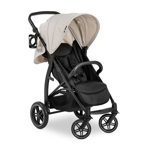 Beige Hauck Rapid 4D pushchair with a large canopy, black fabric seat, adjustable handlebar, cup holder, and four wheels for easy maneuverability.