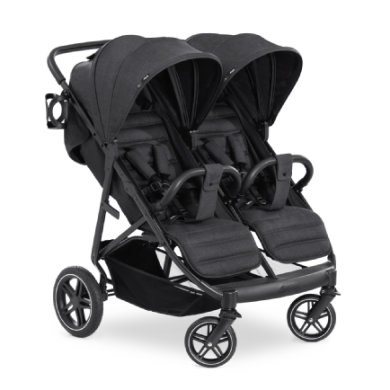 Black Hauck Uptown Duo Twin Pushchair featuring two seats, adjustable canopies, padded harnesses, and a sturdy frame with four wheels for easy maneuverability.