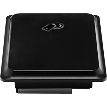 Black HP Jetdirect 3000w NFC/Wireless Accessory with a sleek square design, featuring a central logo and a smooth, glossy finish.