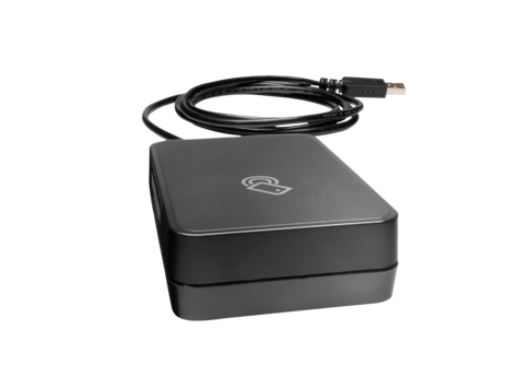 HP Jetdirect 3100w accessory in black plastic, featuring a USB cable, designed for Bluetooth, NFC, and wireless connectivity.