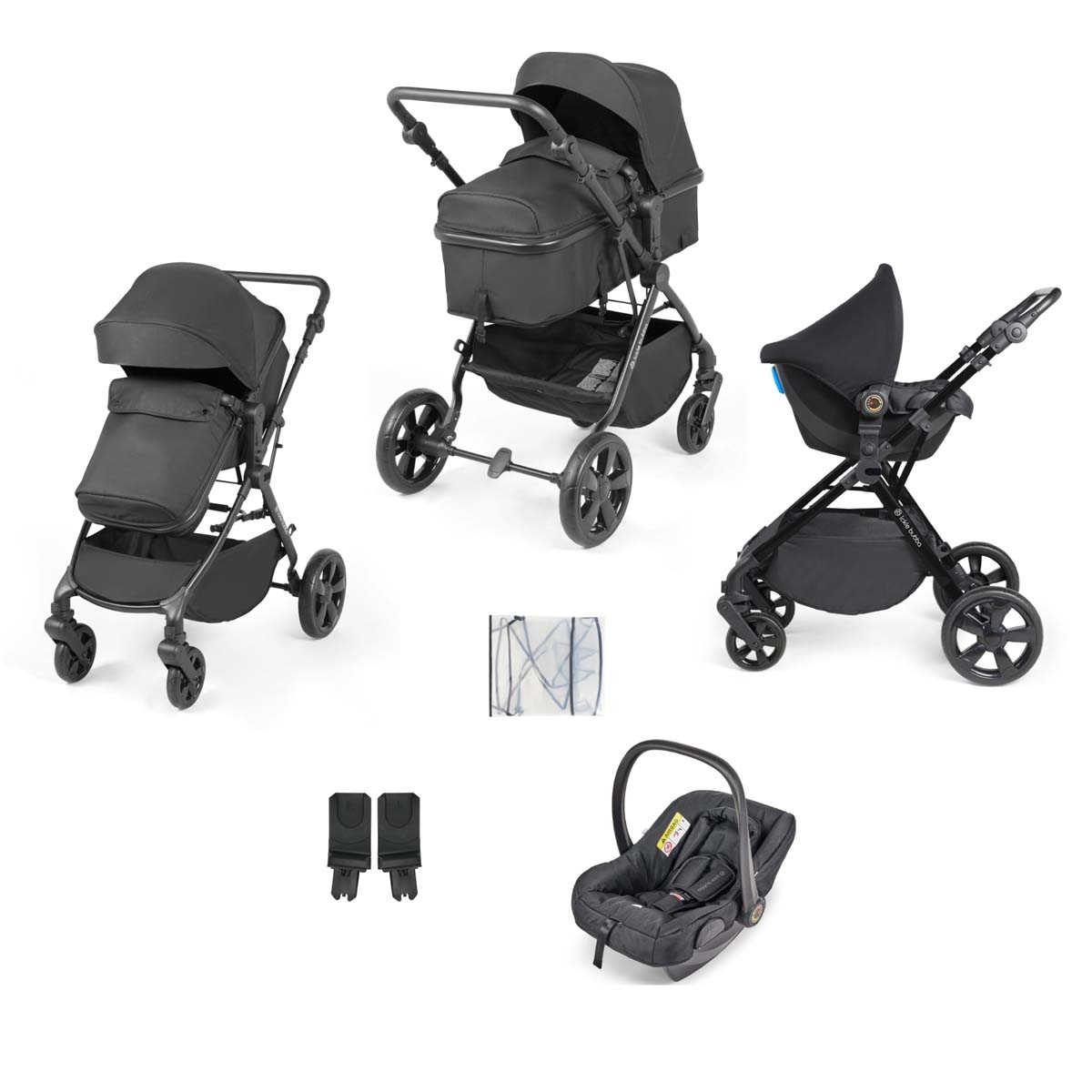 3-in-1 travel system in black featuring a stroller with adjustable seat, a carrycot, and an infant car seat, all made from durable materials with smooth-rolling wheels.