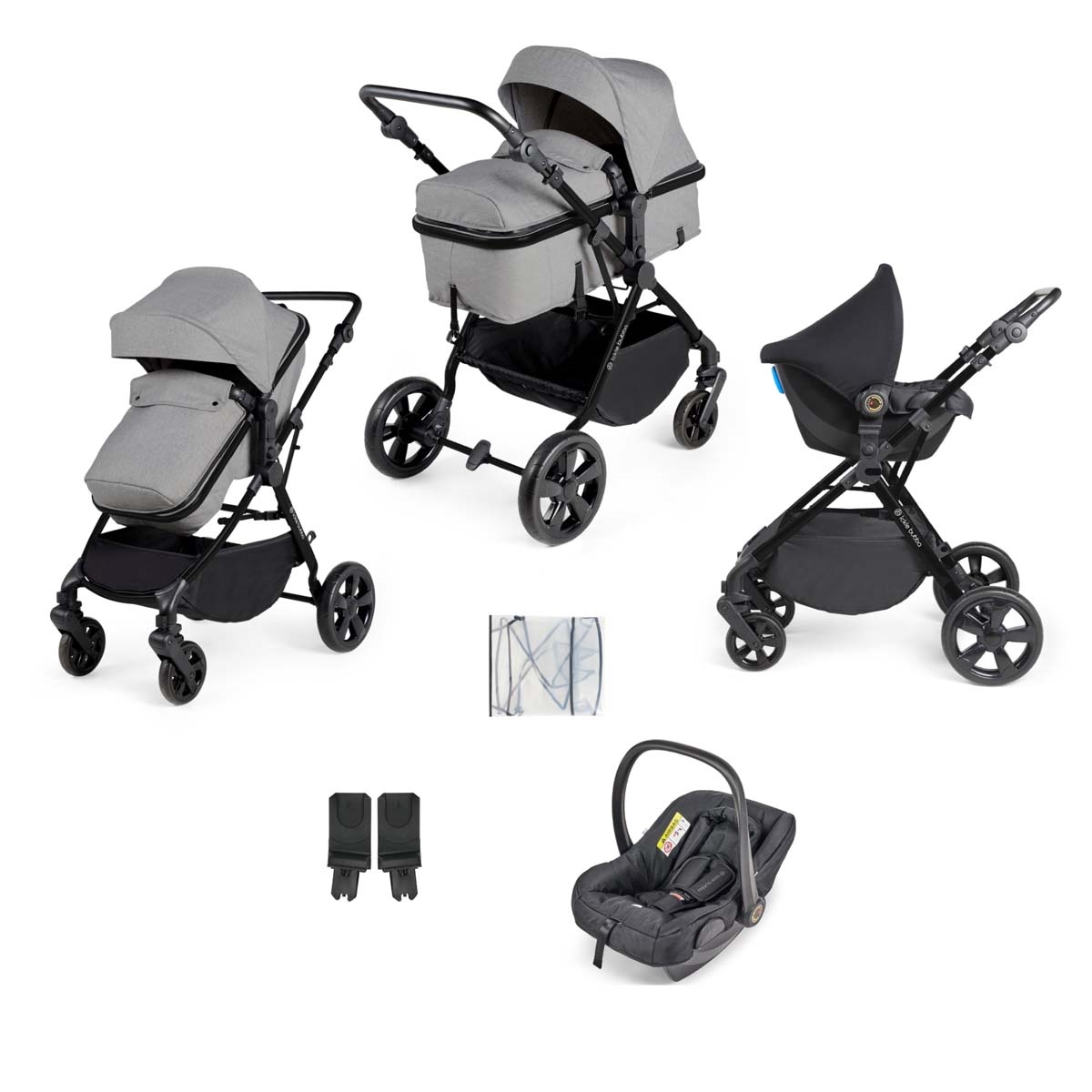 3-in-1 travel system in black and space grey, featuring a stroller, carrycot, and infant car seat, with a sleek design, fabric seat covers, and sturdy wheels.