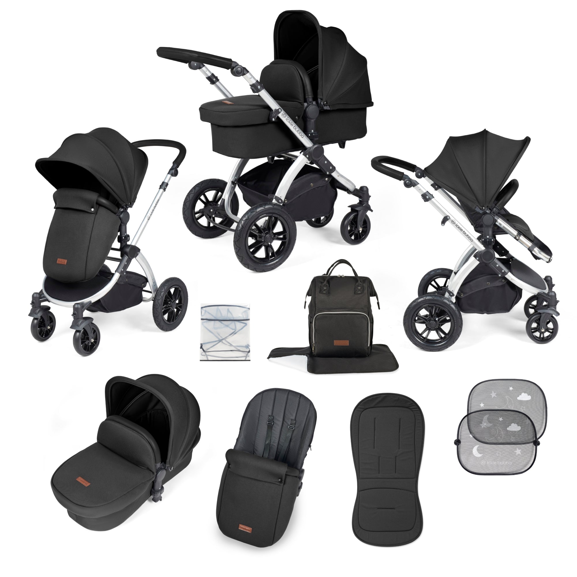 The Ickle Bubba Stomp Luxe 9 Piece Pram set features a sleek black and cream design, including a carrycot, stroller seat, changing bag, footmuff, and accessories, all with a modern finish.
