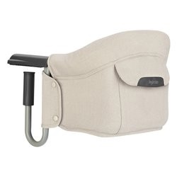 Desert beige fabric high chair with a sturdy metal clamp, featuring a pocket on the side and a cushioned backrest for comfort.