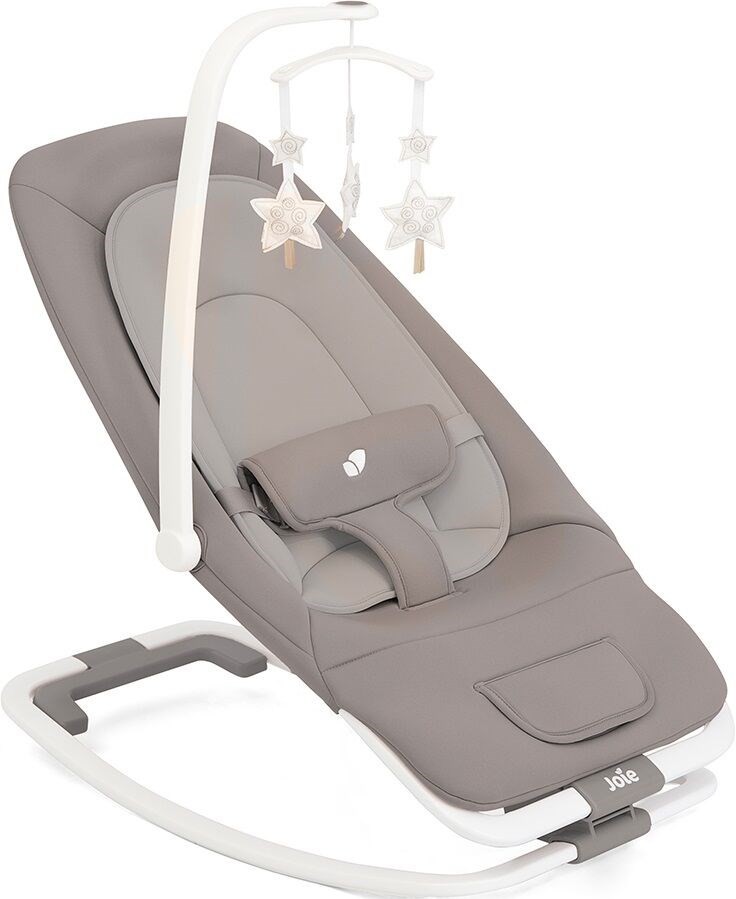 Light gray fabric baby rocker with a comfortable seat, a white frame, and a mobile featuring star-shaped toys hanging above.