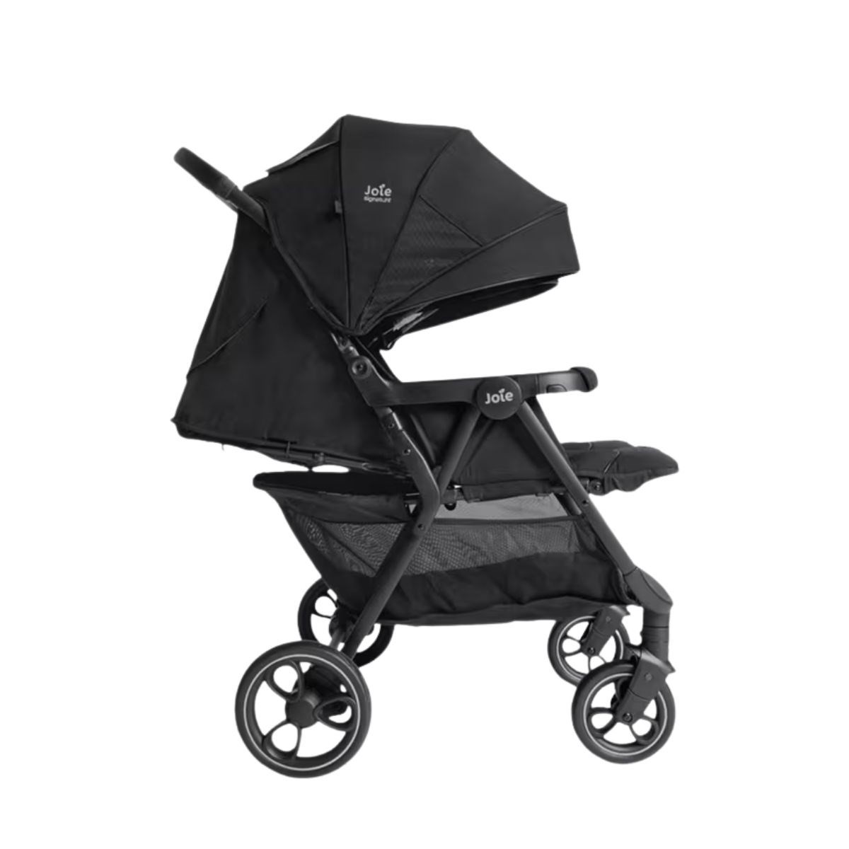 Joie Estrella Signature Stroller in Eclipse features a sleek black fabric design, adjustable canopy, padded seat, and a sturdy frame with large wheels for easy maneuverability.