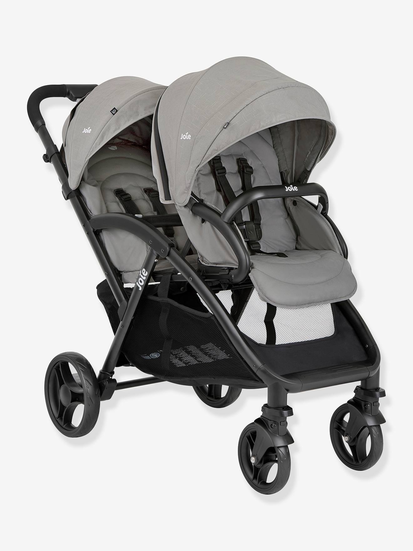 Gray Joie Evalite Duo Stroller featuring two seats with adjustable canopies, a black frame, spacious under-seat storage, and swivel front wheels for easy maneuverability.