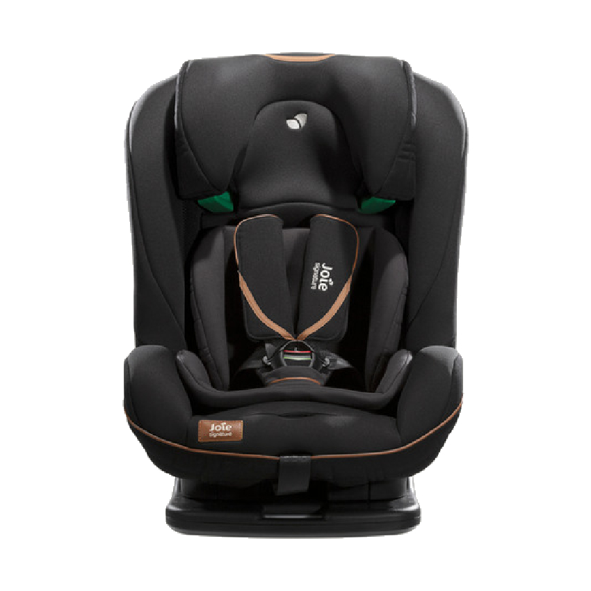 Black Joie I-Plenti car seat with orange accents, featuring a padded design, adjustable headrest, and five-point harness for safety.