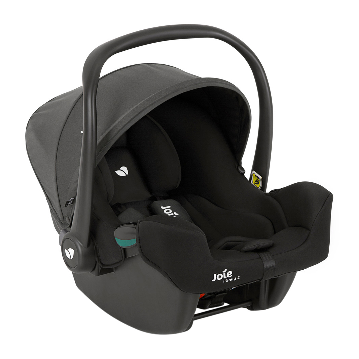 Black Joie I-Snug 2 I-Size Car Seat featuring a soft fabric interior, adjustable canopy, and a sturdy handle for easy carrying, designed for safety and comfort for infants.