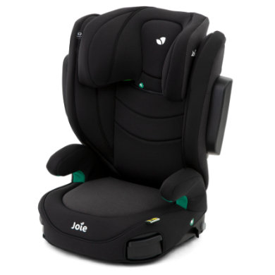 Black Joie I-Trillo 1/2/3 booster car seat featuring a padded design, adjustable headrest, side impact protection, and green accents for secure installation.