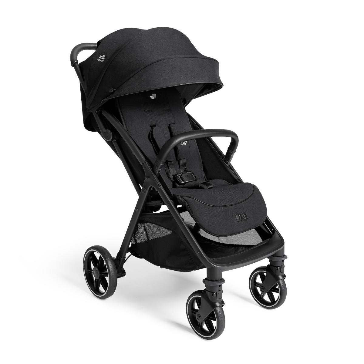 Black Joie Signature Parcel LX compact stroller featuring a sleek design, adjustable canopy, padded seat, and smooth-rolling wheels, includes an adapter, rain cover, and transport bag.