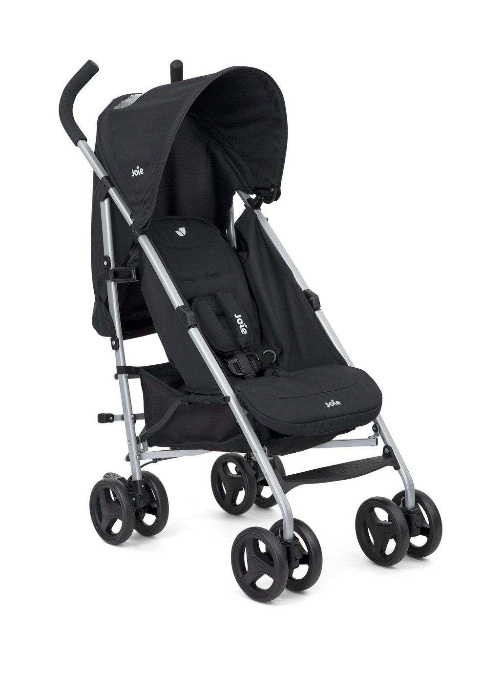 Black coal stroller by Joie featuring a lightweight frame, adjustable canopy, padded seat, and four smooth-rolling wheels for easy maneuverability.