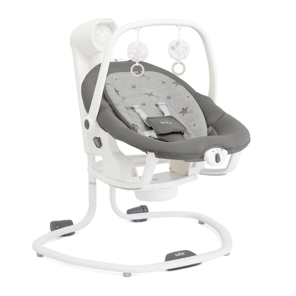 Joie Serina 2in1 Rocker features a grey fabric seat with star patterns, a white frame, adjustable reclining positions, and toy attachments for infants.