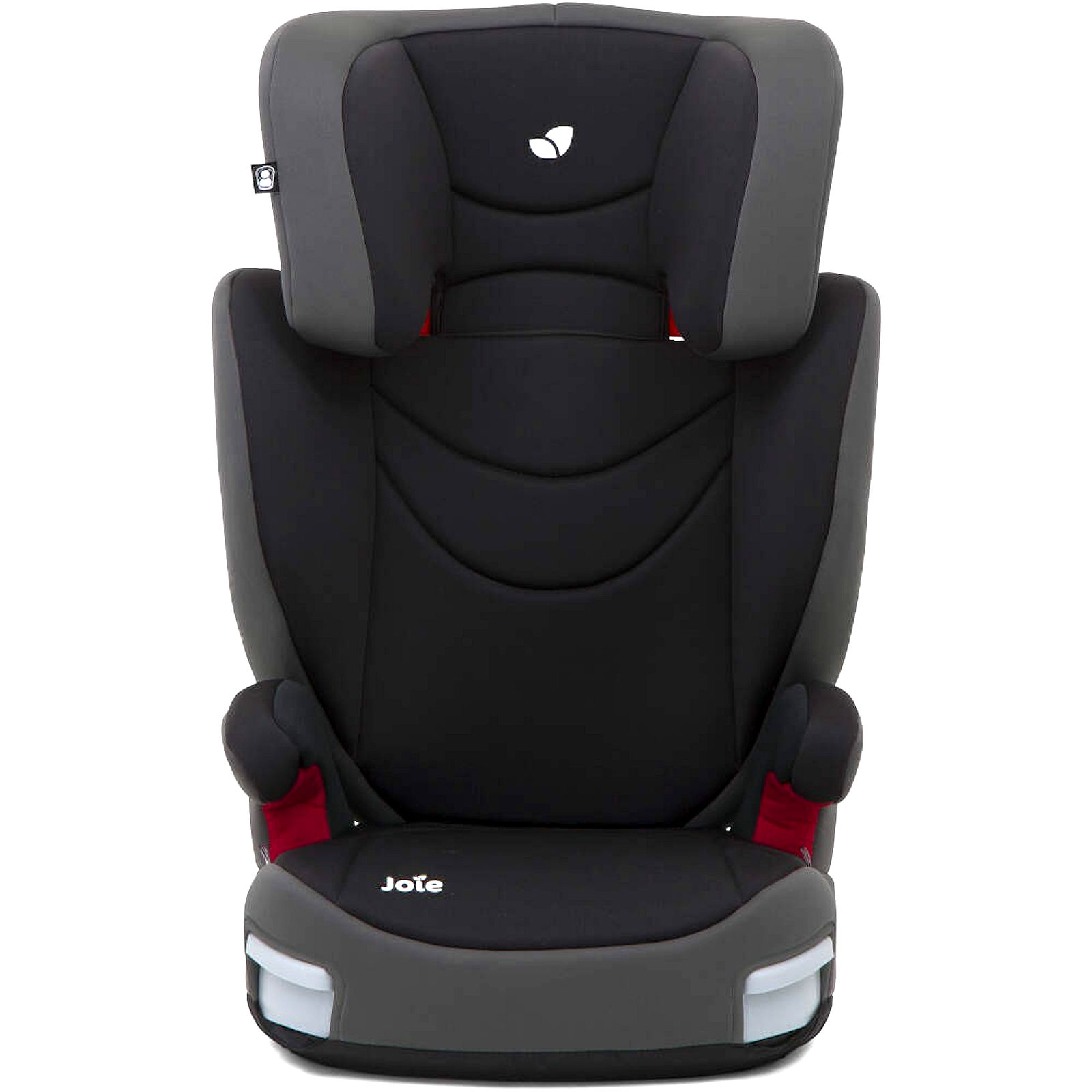 Black and gray Joie Trillo car seat designed for children aged 3 to 12 years, featuring adjustable headrest, side impact protection, and red accents.