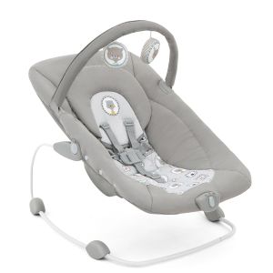 Grey Joie Wish Bouncer features a soft, padded seat with a playful animal print, a sturdy white frame, and an adjustable toy bar for added entertainment.