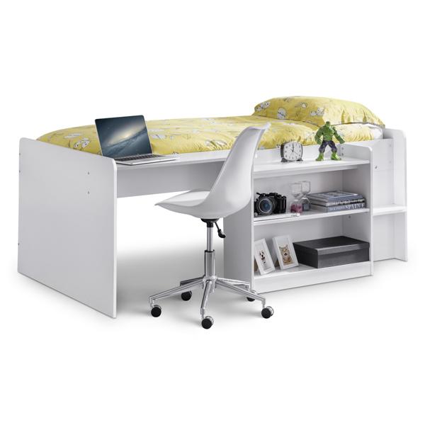 White midsleeper bed with a yellow patterned duvet, featuring a built-in desk and shelves, accompanied by a modern white chair on wheels.